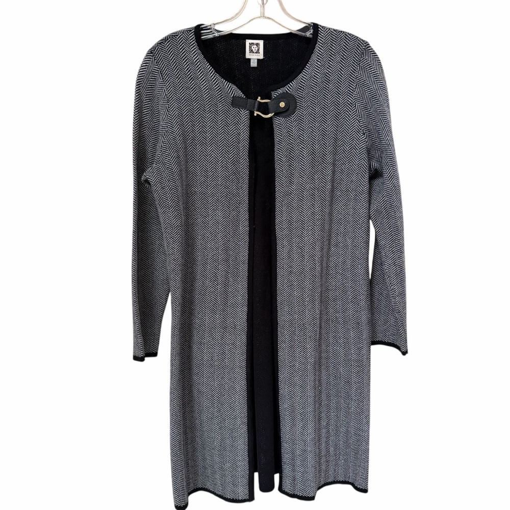 Anne Klein Herringbone Long Line Open Front Cardigan Coatigan Small
